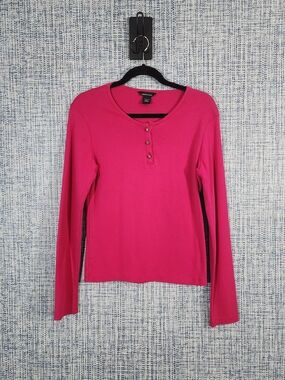 Moda International Magenta Pink Henley Top 100% Cotton Long Sleeve Large